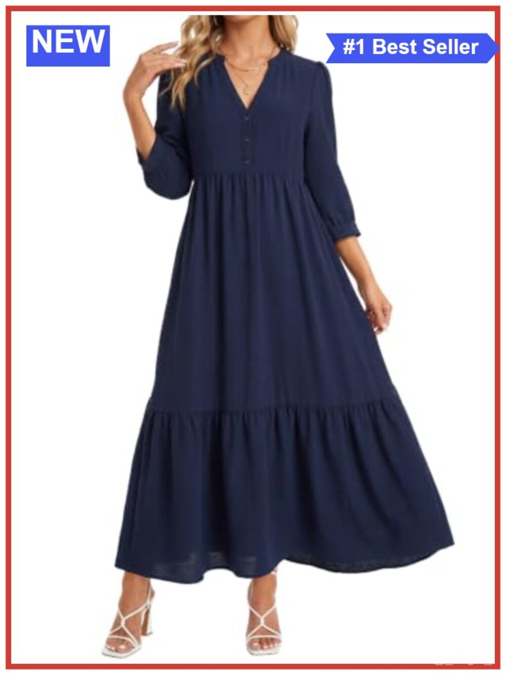 LYANER Women's Henley V Neck Flowy Tiered Maxi Dress 3/4 Sleeve